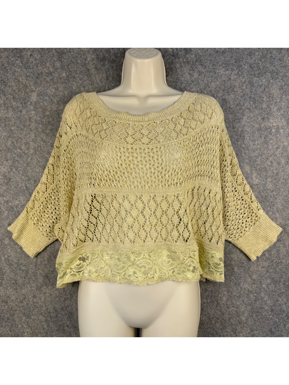 Moth Anthropologie Lace Crochet Knit Cropped Oversize Sweater Beige Size XS 851